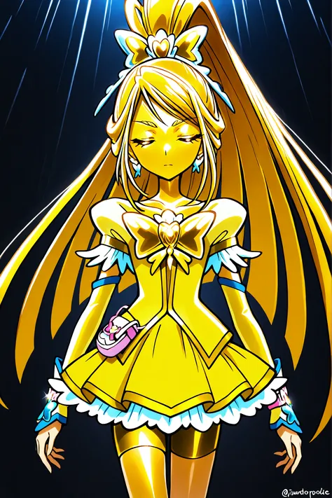 Cure Aqua, masterpiece, top quality, Newest, very high resolution with glasses in one hand, closed eyes, gold髪, jaundice, closed mouth, no students, Yellow skin, glossy skin, gold属の肌, black eyebrow , Drooping eyebrows, 1girl, solo, Cowboy Shots, is stan...