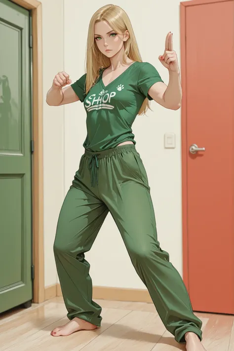 female_focus, 1girl, solo, mature_female, blonde, straight_hair, green_eyes, small_breasts, green_t-shirt, v_neckline, green_pants, barefoot, standing, looking_at_viewer, fighting_stance, red_toenails, indoor, pet_shop