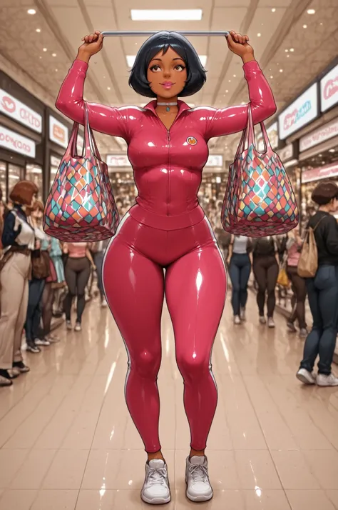  totally_spies_2k24 alex, black hair, short hair, brown eyes, dark-skinned female, pink lips, medium breasts, choker. | “A joyful shopaholic in a sporty outfit — athletic suit and sneakers — celebrating a shopping spree in a bustling mall. She’s holding a ...