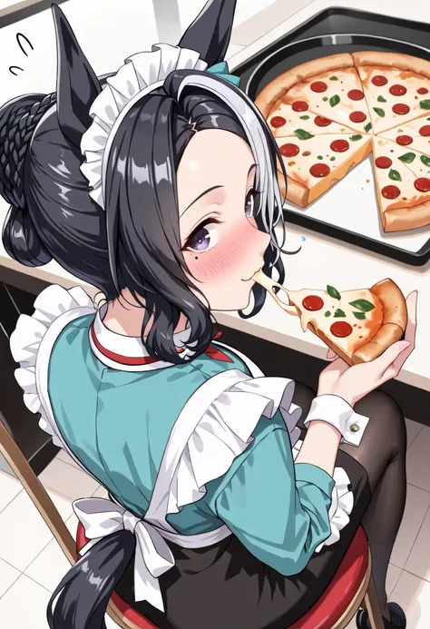 (masterpiece, best quality, perfect face:1.4), wide angle, full body, mejiro ramonu \(umamusume\), black hair, white hair, multicolored hair, wavy hair, purple eyes, mole under eye, ear ornament, horse ears, horse tail, tail on the lower back, proportional...