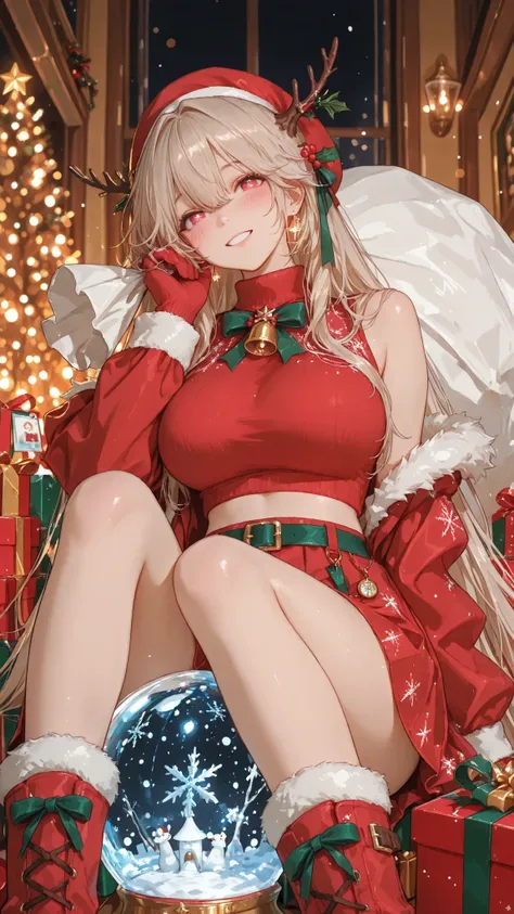 vks2023,sweater,score_9, score_8_up, score_8,rating_safe,(1girl ), 

Anchorage (Azur Lane) , covered huge breasts 
, Inside a magical snow globe: anime-style festive girl with long blonde hair and blue eyes, wearing a red Santa hat adorned with holly and a...