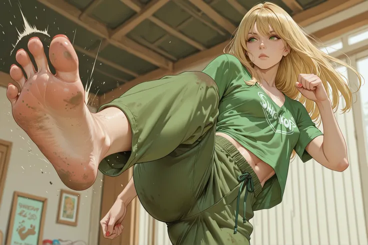foot_focus, 1girl, solo, mature_female, blonde, straight_hair, green_eyes, small_breasts, green_t-shirt, v_neckline, green_pants, barefoot, kicking, jumping, dirty_feet, red_toenails, indoor, pet_shop
