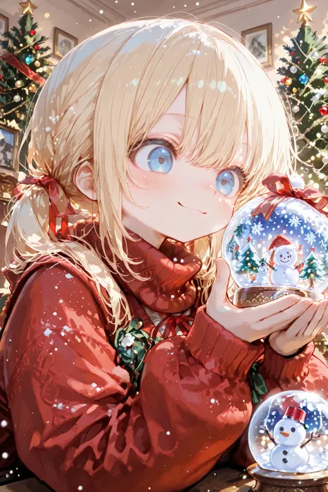 傑作、最高品質、8k,生物学的に正確, one woman (10 years old, cute face, round eyes, blonde hair, blue eyes, pigtails, red ribbon, red sweater, looking into snow globe, smiling, Holding a snow Snow globe with a snowman and Christmas tree), , anime style
