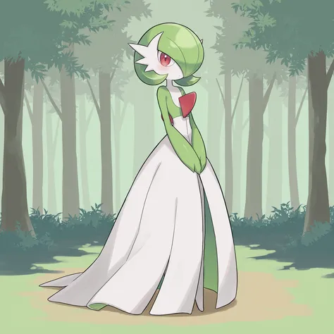 quality, very aesthetic, 8K, best quality, beautiful, ultra-high resolution, 32K UHD, sharp focus, 1woman, solo, Gardevoir, pokemon (creature), green hair, short hair, red eyes, white skin, white dress, green sleeves, slim, blush, serious, cute, hands on l...