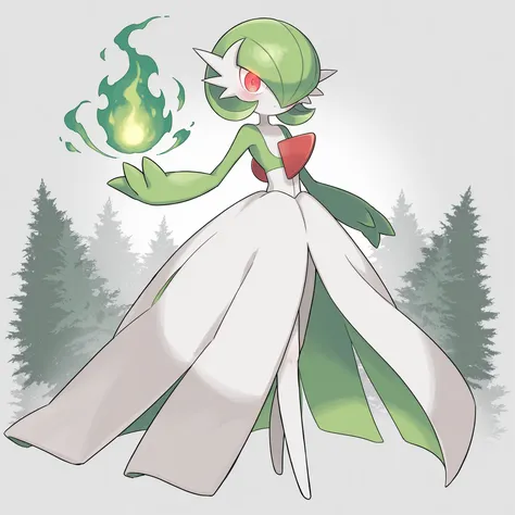 quality, very aesthetic, 8K, best quality, beautiful, ultra-high resolution, 32K UHD, sharp focus, 1woman, solo, Gardevoir, pokemon (creature), green hair, short hair, red eyes, white skin, white dress, green sleeves, slim, blush, serious, angry, cute, hol...