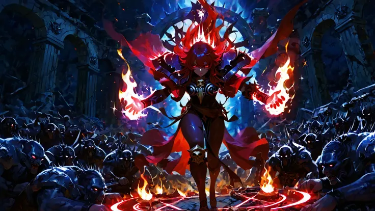 Many monsters, orde of monsters, (magic_circle:1.1),(flames / fire effect:1.1),(sparkles / particles:1.1),(aura / energy aura:1.1),chiaroscuro, painterly lighting, digital painting,ultra-detailed, high detail, best quality, masterpiece, sharp focus, detail...