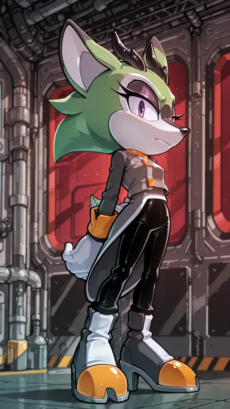 masterpiece, best quality, amazing quality, very aesthetic, high resolution, ultra-detailed, absurdres, newest, scenery, furry, anthro, sonic \(series\), 1girl, solo, furry female, Clove the Pronghorn, green fur, two-tone fur, white skin, black horns, grey...