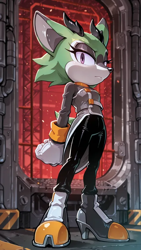 masterpiece, best quality, amazing quality, very aesthetic, high resolution, ultra-detailed, absurdres, newest, scenery, furry, anthro, sonic \(series\), 1girl, solo, furry female, Clove the Pronghorn, green fur, two-tone fur, white skin, black horns, grey...