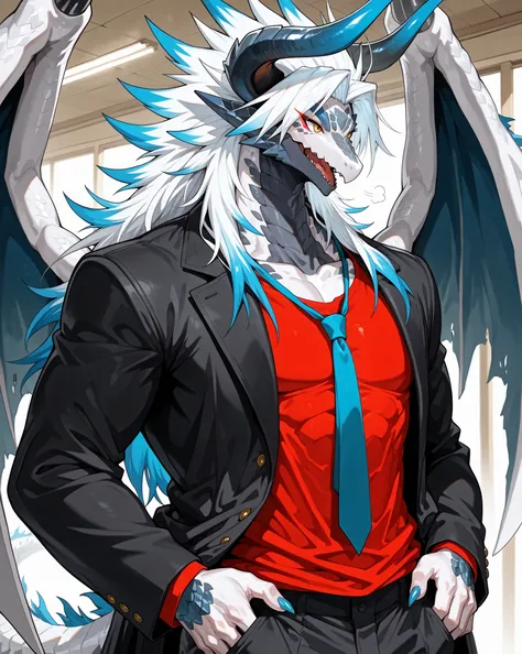best quality,4g1typ3,Batzz,,Dragon, solo, male focus, white body, blue tails, muscular, white hair with blue tips, Maine, long hair, tailed hair, long face, horns, blue nail, Dragon boy, tail, big wings, detailed eyes, yellow eyes, eye shadow, eyeliner, ma...
