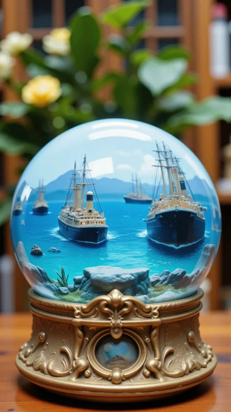 highdefinition picture、Clear snow globe、the ocean spreads out and steamships are anchored
