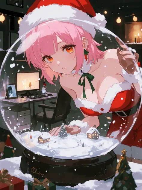 (2D anime style illustration, Illustrious style.ultra detailed, cinematic lighting, 4K)
Inside a snow globe, a cozy and realistic winter village is depicted with warmly lit houses and gently falling snow. Through the glass, the villagers look up to see the...