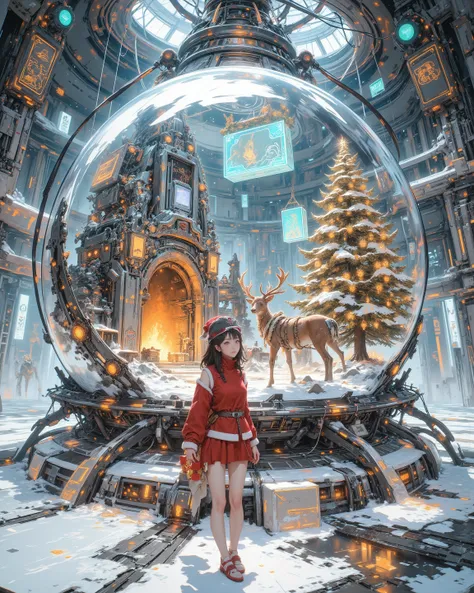 Inside a vast futuristic heavenly laboratory, silent and unmanned, stands a monumental crystalline snow globe at the center of the chamber. The laboratory itself is ethereal: endless white corridors, luminous walls of glass and radiant circuits, celestial ...
