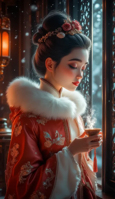 Inside a covered palace gallery open to swirling snow, a consort in luxurious Hanfu pauses beside carved lattice windows where frost etches delicate patterns. She wears a mulberry-rose silk ao over a cream qun, enveloped by a white fox-fur pifeng whose edg...