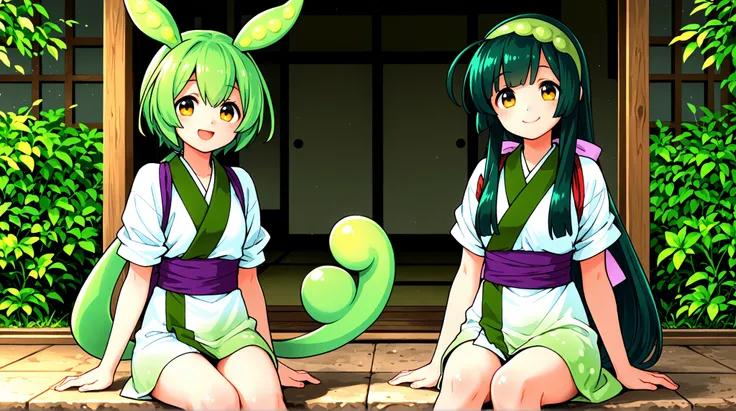 Tohoku Zunko,zundamon,2 Girls,High Resolution,smile,Smile Yan,or higher top quality,sitting