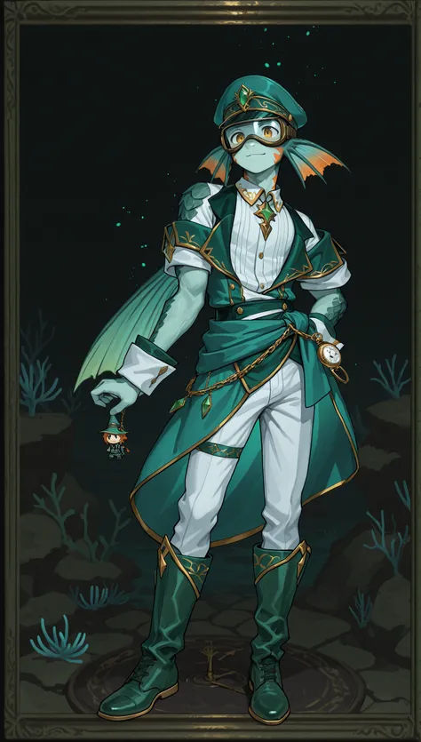 Male Doll, in drawn 。, stand upright , eXquisitely decorated, fantasy male idol and teal with the theme of wind magic and green fish(emerald green)and gold costume. His skin is pale teal in cheeks and shining fish scales everywhere, greenish tints, in、e...