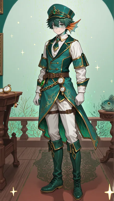 Male Doll, in drawn 。, stand upright , eXquisitely decorated, fantasy male idol and teal with the theme of wind magic and green fish(emerald green)and gold costume. His skin is pale teal in cheeks and shining fish scales everywhere, greenish tints, in、e...
