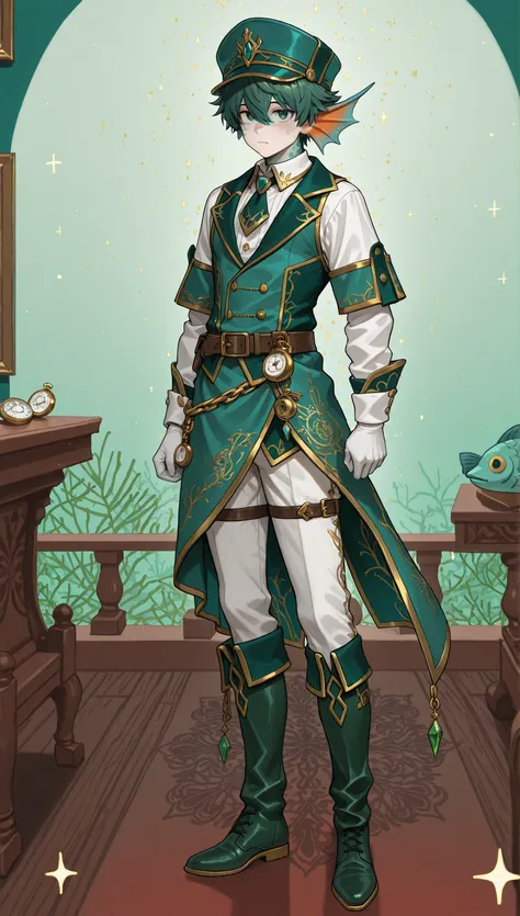 Male Doll, in drawn 。, stand upright , eXquisitely decorated, fantasy male idol and teal with the theme of wind magic and green fish(emerald green)and gold costume. His skin is pale teal in cheeks and shining fish scales everywhere, greenish tints, in、e...