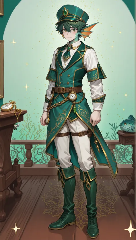 Male Doll, in drawn 。, stand upright , eXquisitely decorated, fantasy male idol and teal with the theme of wind magic and green fish(emerald green)and gold costume. His skin is pale teal in cheeks and shining fish scales everywhere, greenish tints, in、e...