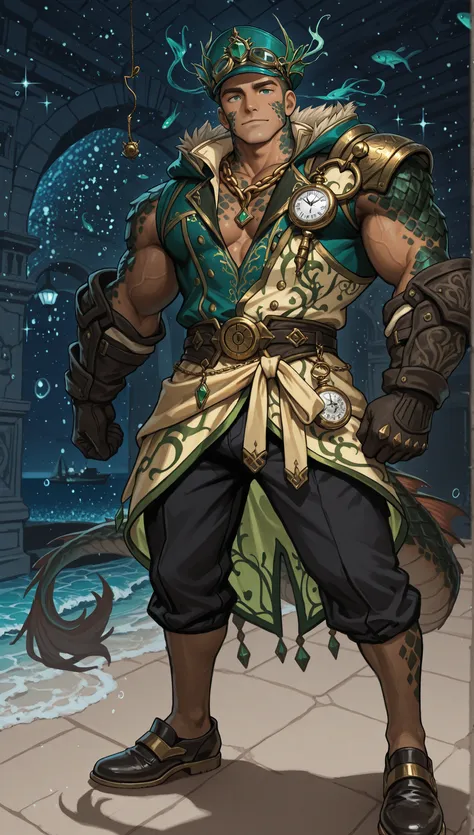 Male Doll, in drawn 。, stand upright , eXquisitely decorated, fantasy male idol and teal with the theme of wind magic and green fish(emerald green)and gold costume. His skin is pale teal in cheeks and shining fish scales everywhere, greenish tints, in、e...