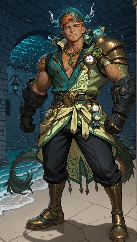 Male Doll, in drawn 。, stand upright , eXquisitely decorated, fantasy male idol and teal with the theme of wind magic and green fish(emerald green)and gold costume. His skin is pale teal in cheeks and shining fish scales everywhere, greenish tints, in、e...