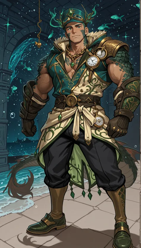 Male Doll, in drawn 。, stand upright , eXquisitely decorated, fantasy male idol and teal with the theme of wind magic and green fish(emerald green)and gold costume. His skin is pale teal in cheeks and shining fish scales everywhere, greenish tints, in、e...