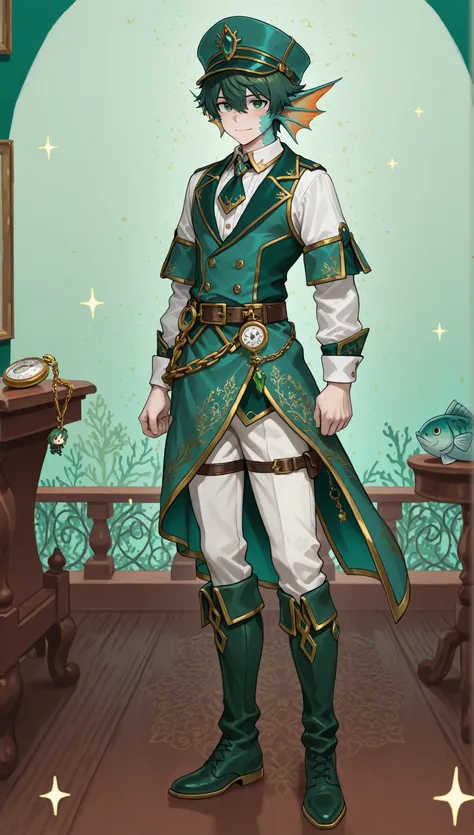 Male Doll, in drawn 。, stand upright , eXquisitely decorated, fantasy male idol and teal with the theme of wind magic and green fish(emerald green)and gold costume. His skin is pale teal in cheeks and shining fish scales everywhere, greenish tints, in、e...