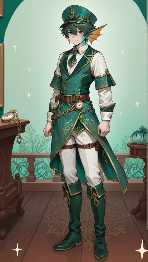 Male Doll, in drawn 。, stand upright , eXquisitely decorated, fantasy male idol and teal with the theme of wind magic and green fish(emerald green)and gold costume. His skin is pale teal in cheeks and shining fish scales everywhere, greenish tints, in、e...