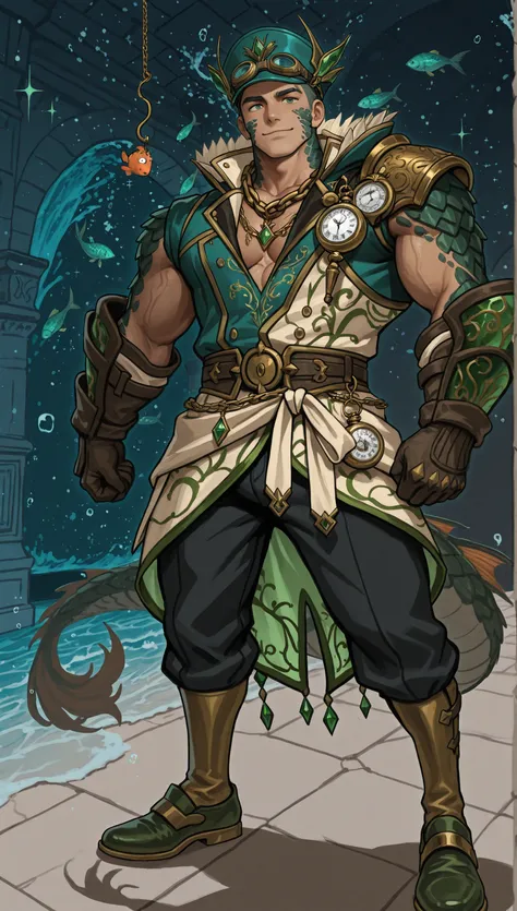 Male Doll, in drawn 。, stand upright , eXquisitely decorated, fantasy male idol and teal with the theme of wind magic and green fish(emerald green)and gold costume. His skin is pale teal in cheeks and shining fish scales everywhere, greenish tints, in、e...