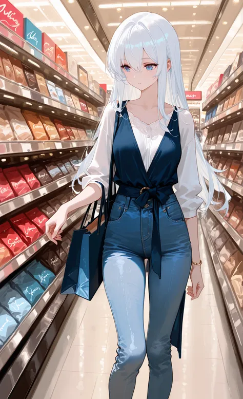 girl in mall, girl watching on shop with clothes, girl with bags full of stuffs from shopping, white hair, blue eyes, jeans dress, elegant, ultra detailed, ultra sharp, masterpiece, high quality, hd, hdr