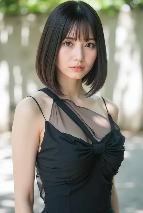 ( super real) , ( high image quality ) , (8k) , ( Very Detailed) , ( top quality) , ( Super Detailed) , (masterpiece) ,bust up shot. (sexy dress). Japanese woman. glamorous body, short bob hair hugging the Earth.