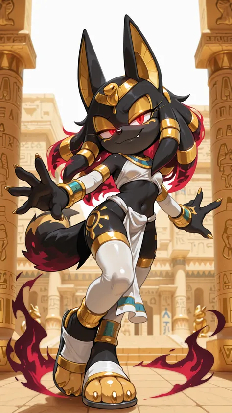 masterpiece, best quality, amazing quality, very aesthetic, high resolution, ultra-detailed, absurdres, newest, scenery, furry, anthro, sonic \(series\), 1girl, solo, furry_female, jackal, long hair, wavy hair, cocky smile, fang, red eyes, glowing eyes, na...
