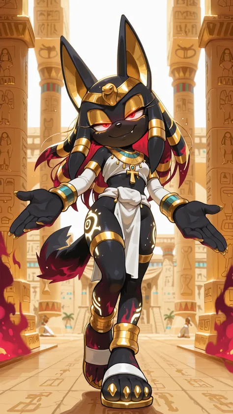 masterpiece, best quality, amazing quality, very aesthetic, high resolution, ultra-detailed, absurdres, newest, scenery, furry, anthro, sonic \(series\), 1girl, solo, furry_female, jackal, long hair, wavy hair, cocky smile, fang, red eyes, glowing eyes, na...