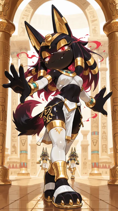 masterpiece, best quality, amazing quality, very aesthetic, high resolution, ultra-detailed, absurdres, newest, scenery, furry, anthro, sonic \(series\), 1girl, solo, furry_female, jackal, long hair, wavy hair, cocky smile, fang, red eyes, glowing eyes, na...