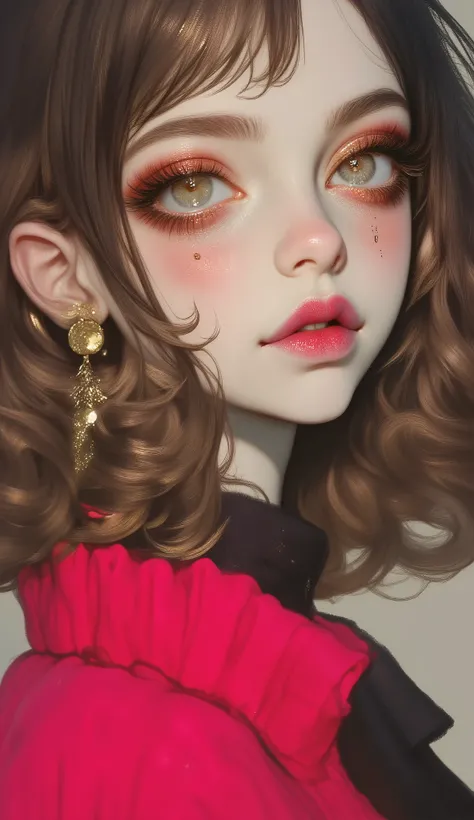 a close up of a brunette woman with curly hair and a strangulation,  large, full lips , large eyes longer than normal eyelashes,  head tilted ,  realistic painting of a pretty girl , trend in illustration , extremely  pink knitted sweater, ✏️🎨, hyperrealis...