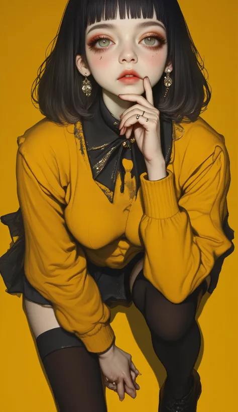   a close up of a woman wearing a yellow sweater and a black shirt collar peeking out and a black skirt,  black nylon tights ,    is sitting on the floor with her hands between her legs   ,     the camera is above her    ,  she looks at the camera with her...