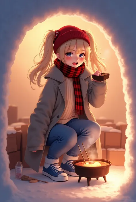 (wear: (gray duffle coat), (beige high neck knit sweater), ( blue denim skinny pants ), (wraps a black and red gingham check scarf around her neck), ( girl wearing a red knit hat ), (blue sneakers:0.8)),
(scene: inside a snow igloo (kamakura), warm atmosp...