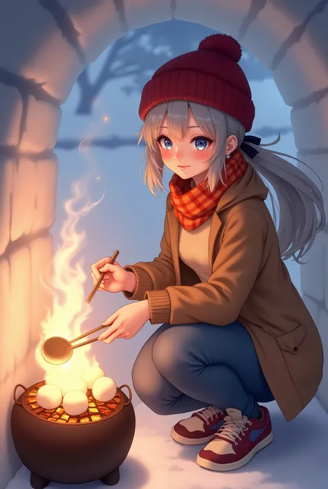 (wear: (Brown Duffle Coat), (beige high neck knit sweater), ( blue denim skinny pants ), (Wrap an orange and red gingham check scarf around your neck), (wearing a black knitted hat), (Red sneakers:0.8)),
(scene: inside a snow igloo (kamakura), warm atmosp...