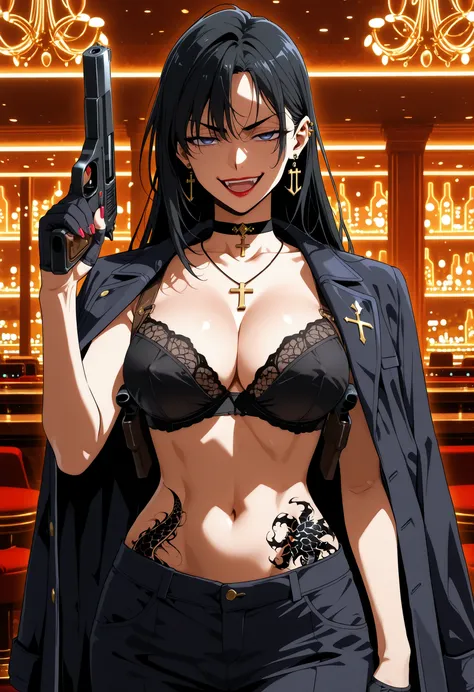 LuniaArden, long hair, black hair, dark blue eyes,,black suit, black bra, black gloves, half gloves, navel, captain coat on shoulder,  nail polish, ear piercing, long hair, , lipstick, Hot girl, baddie,, sensual, attractive ,choker , cross necklace, jewelr...