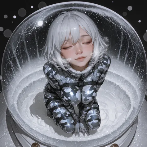 cute face,slim body,big breasts,Snow globe interior perspective,
inside a beautifully crafted glass snow dome filled with gently falling snow,
a single female crouching gracefully,
wearing a tight camouflage-pattern latex bodysuit (high-gloss, reflective t...