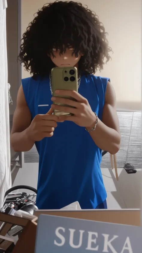 An anime-style character, that appears to be a young man,  in a medium close-up,  looking straight ahead with a, slightly intense expression. has dark skin,  short, dark dreadlocks on top,  and the sides are shaved. He wears a simple black sleeveless t-shi...