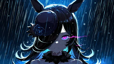 score_9, score_8_up, score_7_up,masterpiece, best quality, very aesthetic, rice shower \(umamusume\), reze eye twitch scene, wet, scene reference, rain drops, looking at viewer, wet hair, chainsaw man scene, blue lighting, dark background, upper body, seri...