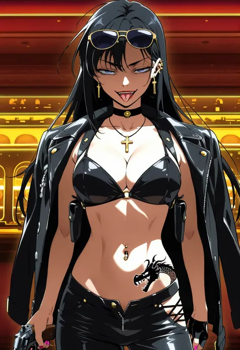 LuniaArden, long hair, black hair, dark blue eyes,,black suit, black bra, black gloves, half gloves, navel, captain coat on shoulder,  nail polish, ear piercing, long hair, , lipstick, Hot girl, baddie,, sensual, attractive ,choker , cross necklace, jewelr...