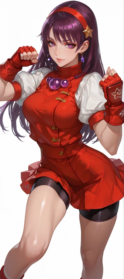 ((Simple Background, color gris)), intricate details, High quality, aesthetic, ultra detailed, ((masterpiece, detailed:1.2), ((dramatic knee-length image)), Fantasy eyes, medium breasts, body fit, soft curves, hand, 1girl, asamiya athena(king of fighter), ...