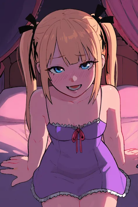 1girs, sitting on bed, Marie Rose, arms support, from above, looking up viewer, Marie Rose, detailed cute eyes, curled eyelashes, (small breasts:0.8),
beautiful eyes, beautiful face,
purple negligee,
embarrassed, blush lines, seductive smile, open mouth...