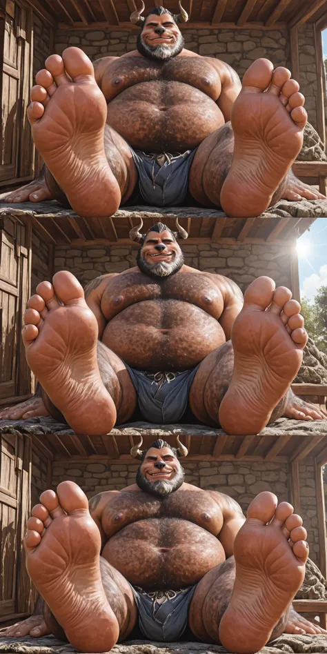 hairy, beast oso calvo con un hombre humano , has horns，chubby,  thick arms， strong muscles ，chubby face， Black eyebrows，sky blue eyes，beard， ironic smile ,         chest and belly    ，lie down， Sunlight ,    2 children, gay, yaoi, Sr.... beast, Muscular, ...