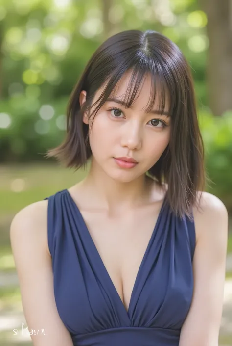 ( super real) , ( high image quality ) , (8k) , ( Very Detailed) , ( top quality) , ( Super Detailed) , (masterpiece) ,bust up shot. (sexy dress). Japanese woman. glamorous body, short bob hair hugging the Earth.