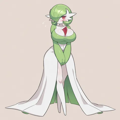 quality, very aesthetic, 8K, best quality, beautiful, ultra-high resolution, 32K UHD, sharp focus, 1woman, solo, Gardevoir, pokemon (creature), green hair, short hair, red eyes, white skin, white dress, green sleeves, slim, huge breasts, narrow waist, wide...