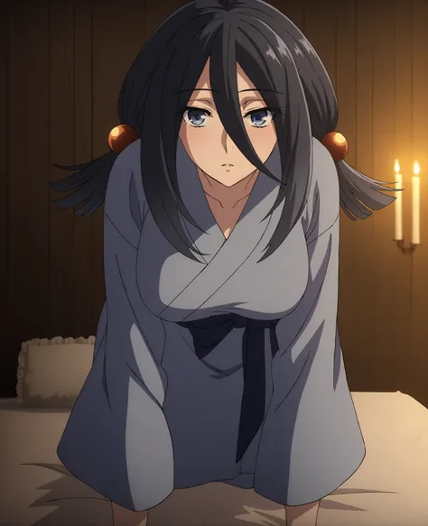 anime screencap, masterpiece, mejor calidad,
1girl, Alone, labios separados, Fox tail,
hair between the eyes, low twin tails, cabello largo, black hair, blue eyes, hair ties,
lace ornament, Yukata blue , hanging breasts, big breasts,
A milk, looking at the...