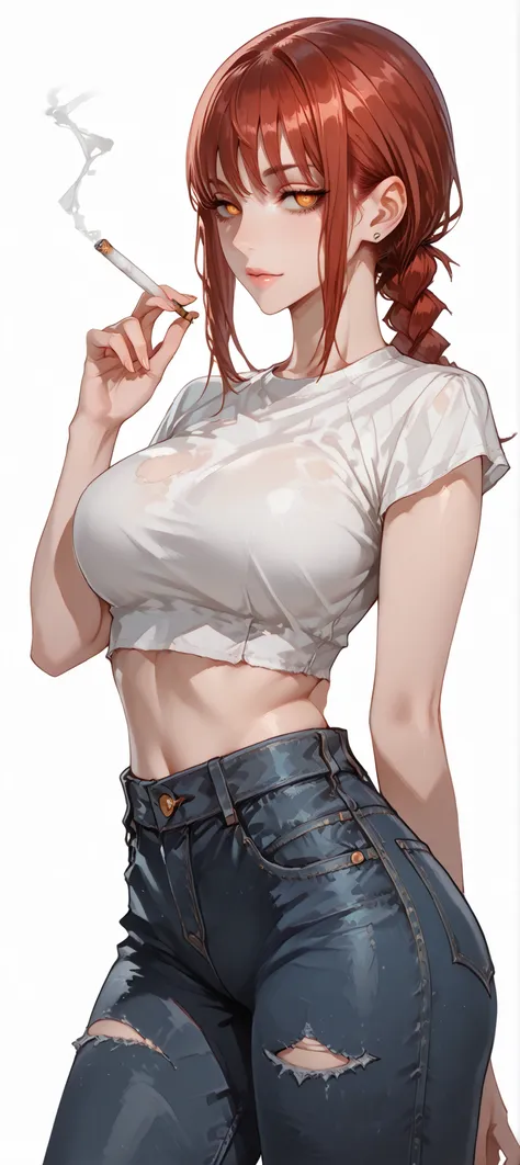 ((Simple Background, color gris)), intricate details, High quality, aesthetic, ultra detailed, ((masterpiece, detailed:1.2), ((dramatic half-body image)), Fantasy eyes, slightly large breasts, body fit, soft curves, hand, 1girl, hands(chainsaw man), reddis...