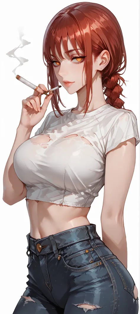 ((Simple Background, color gris)), intricate details, High quality, aesthetic, ultra detailed, ((masterpiece, detailed:1.2), ((dramatic half-body image)), Fantasy eyes, slightly large breasts, body fit, soft curves, hand, 1girl, hands(chainsaw man), reddis...